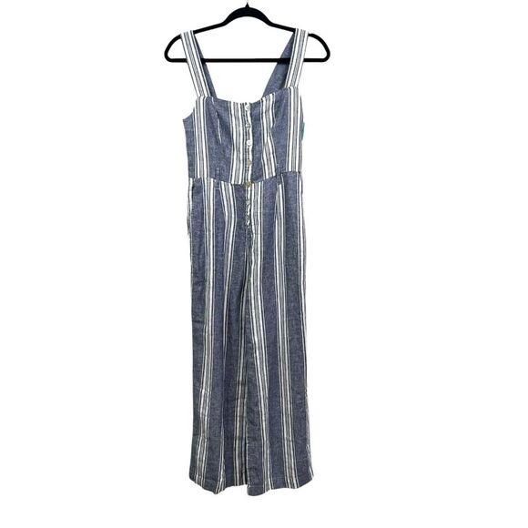 Rails Pants - Rails‎ Women Linen Blend Jumpsuit Harper Striped Smocked Pockets Blue White XXS